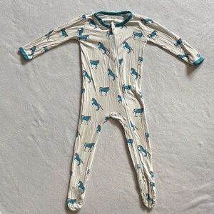 Cream One-Piece Footed Pajama with Teal Horse Print for Kids